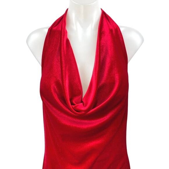 Zara Red Halter Velvet Velour Sleeveless Cowl Neck Open Back Sheath Midi Dress M - Picture 3 of 5